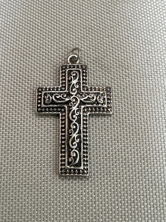 Antique Sterling Silver Etched Style Small Cross … - image 3