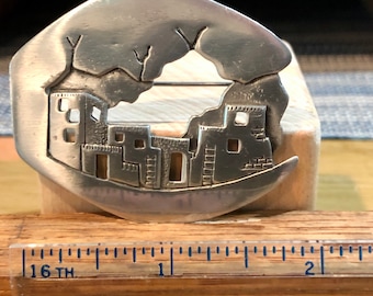 Vintage Antique Large Pueblo Scene Brooch copyright 1988 by JJ