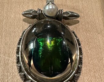 Vintage Highly Unusual Scarab Beetle Pendant with Pearl