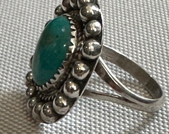 Beautiful Native American Style Silver and Turquoise Navajo Style Pattern Old Blue Turquoise Size 7 1/2 Ring