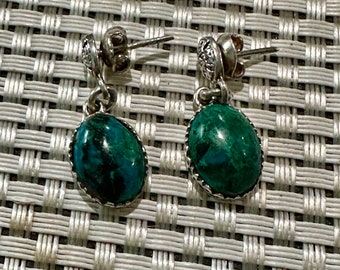 Vintage Heavy Highly Decorative Native American Style Sterling Silver  Earrings with Turquoise or Malachite Stones