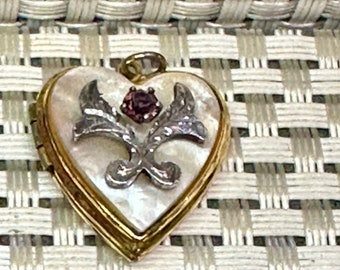 Antique Gold Filled and Sterling Silver Small Locket with Sterling Silver Front Attachment and Amethyst Mother of Pearl