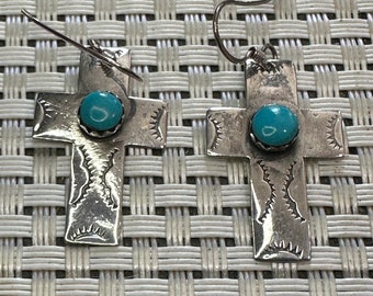 Vintage Native American Style Sterling Silver Cross Shaped Earrings with Cinderella Blue Turquoise