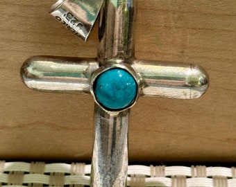 Vintage Antique Solid Sterling Silver Large Cross Beautiful Blue Cinderella Turquoise Stone