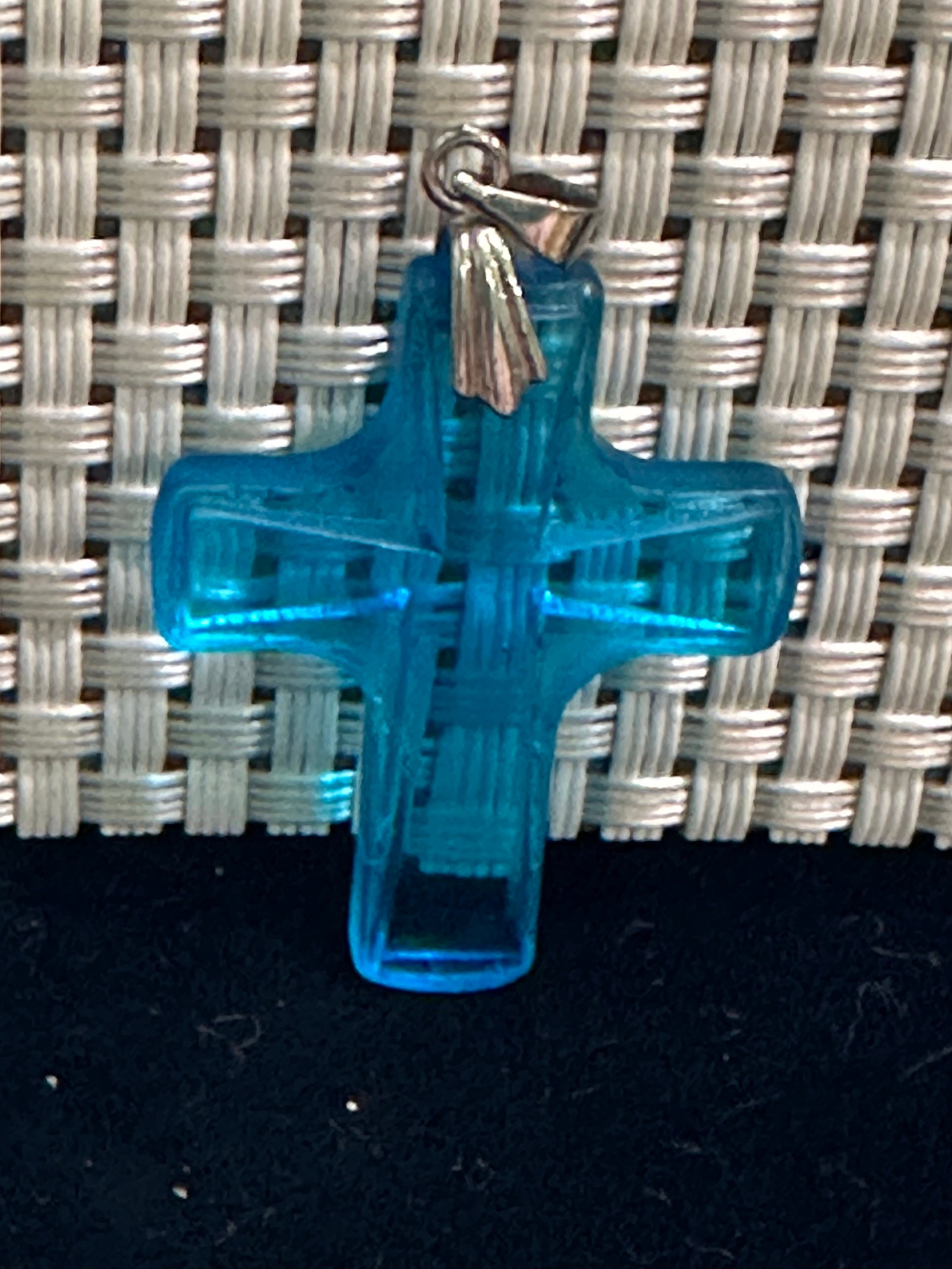 Grand Pendentif Croix Ancien - Argent Massif 925 Et Cristaux Bleu Cobalt