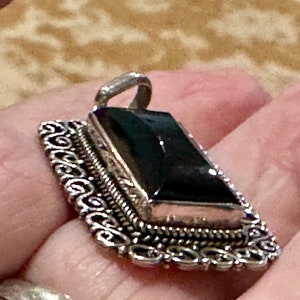 Vintage Sterling Silver and Super Dark Black Faceted Onyx  Southwest Style Pendant