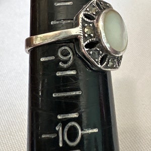 Vintage Sterling Silver and Rainbow Mother of Pearl Size 8 1/2 Ring, Superb White Rainbow Mother of Pearl Ring with Marcasites