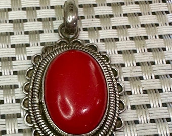 Antique Sterling Silver and Red Coral Pendant, Native American Style Pendant