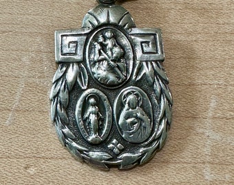 Antique Sterling Silver Very Nice and Unusual Catholic Protection Medal with St Christopher, Mary and Joseph