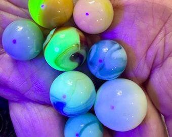Vintage Uranium Glass Marbles, Black Light Reflective, Akro, Marble King