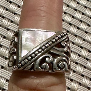 Vintage Sterling Silver and Rainbow Mother of Pearl Size 8 Ring, White Rainbow Mother of Pearl Ring with Scroll Silverwork