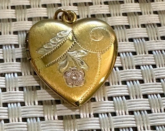 Antique Gold Filled over Sterling Silver Locket Etched Floral Locket with Color