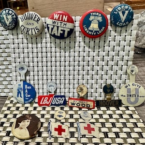 Antique Political Campaign Pinback Lot: Hoover, Taft, LBJ, Liberty Loan, Charity Tabs
