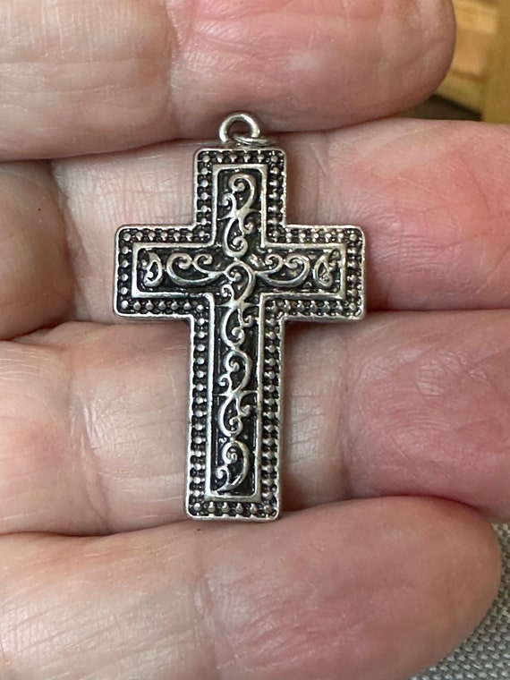 Antique Sterling Silver Etched Style Small Cross … - image 2