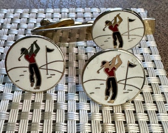 Vintage 1960's Iconic Enameled Golf Player Cuff Links and Tie Bar, Unusal and Cool Set by Swank