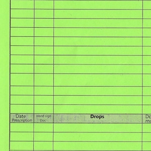 May include: A green medication sheet with the title "Sissy / Whiteboy Medication sheet". The sheet has columns for date, prescription, hand sign, medicine, drops, and dosage.