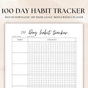 May include: A printable 100-day habit tracker with a checklist for tracking progress. The tracker has four sections for different habits, each with a grid of 100 circles for marking off days.