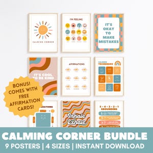 Kids calming corner bundle printables, calming corner strategies, Techniques, feeling posters, affirmations, 54321 grounding, box breathing