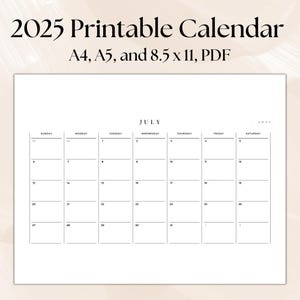 Calendario imprimible 2025 (tamaño A4, A5 y carta, horizontal, minimalista, PDF)