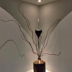 May include: A dried lotus pod in a wooden vase with thin branches extending from the vase. The vase and branches are in a corner of a room with a white ceiling and white walls.