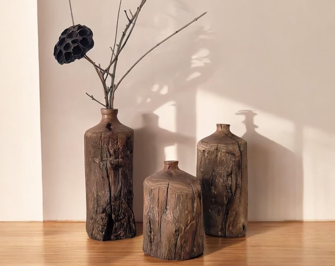 Rustic Olive Wood Vase, Modern Flower Holder， Wabi-Sabi Home Decor, Minimalistic Wood Decorative Vase, Shelf Artistic Vase