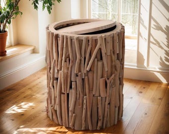Papelera de madera natural, grande, hecha a mano, estilo wabi-sabi, rústica, para oficina, estilo rústico.