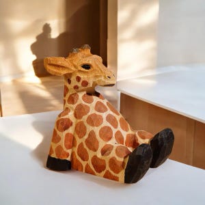 Figura de jirafa de madera tallada a mano, figura de mesa de jirafa de dibujos animados caprichosa, decoración perfecta para escritorio de oficina, juguete de animal de madera para niños