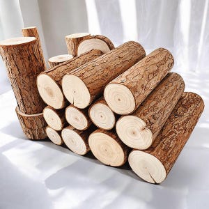 Peut inclure: Une pile de bûches de bois naturel, empilées en quinconce, avec l'écorce encore présente. Les bûches sont de tailles et de formes variées, et le bois a une couleur brun chaud.