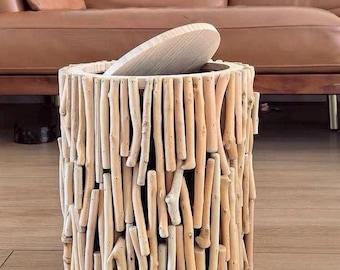 Papelera de madera de primera calidad con forma de rama, papelera artesanal estilo Wabi-sabi, papelera nórdica con tapa para salón, papelera de madera moderna para el hogar.