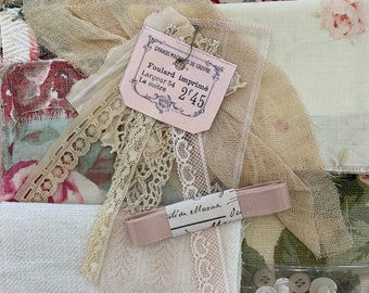 Pink and neutral tone fabrics - slow stitching - vintage fabric - lace - stitching inspiration