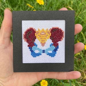 Puede incluir: Una obra de arte de punto de cruz que representa un diseño estilizado de corazón anatómico y hueso pélvico. La pieza presenta un marco negro y un fondo blanco con el corazón en amarillo, la pelvis en azul y las áreas circundantes en burdeos.