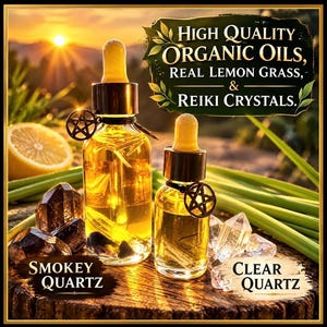 May include: Two glass dropper bottles filled with golden oil, each featuring a small pentagram charm. The bottles are surrounded by smokey quartz and clear quartz crystals, lemongrass stalks, and a lemon slice, with text reading High Quality Organic Oils, Real Lemon Grass, & Reiki Crystals.