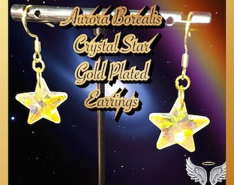 Pendientes colgantes de estrella de cristal Aurora Boreal transparente, chapados en oro de 18k, joyería celestial galáctica.