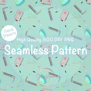 Puede incluir: Un patrón sin costuras con un fondo azul claro con varias herramientas médicas, incluyendo un laringoscopio, un tubo de respiración y un dispositivo médico. El texto "Hand Drawn" y "High Quality 300 DPI PNG Seamless Pattern" está incluido en el diseño.