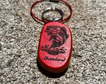 Bag Charm/Key chain combo made from a recycled skateboard deck