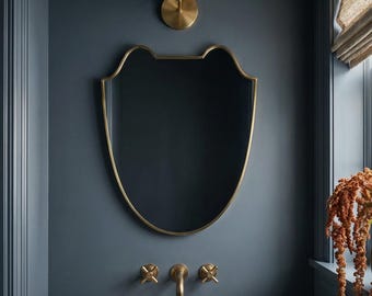 Curved Brass Shield Mirror: Modern Wall Decor, Handmade