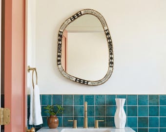 Asymmetrical Bone Inlay Wall Mirror: Handmade Decorative Accent