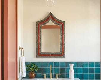 Orange Shield Mirror: Asymmetrical Vanity Decor