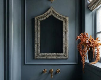 Handmade Shield Mirror: White Inlay Asymmetrical Wall Decor