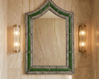 Green Shield Mirror: Arched Inlay Frame, Handmade Wall Decor