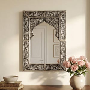 Espejo de tocador arqueado - Espejo decorativo con marco blanco hecho a mano