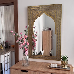 Handmade Arched Brass Mirror: Asymmetrical Gold Wall Decor