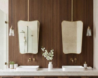 Suspended Curved Brass Mirror – Modern Ceiling Mounted Vanity Mirror