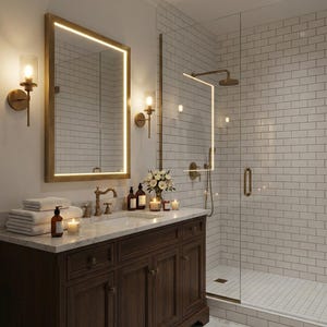 May include: A stylish bathroom featuring a dark wood vanity unit, a marble countertop, and a large mirror with a gold frame and integrated lighting. The shower has a glass door and white brick-style tiles. Candles and toiletries are on the counter.