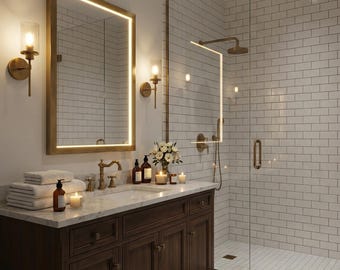 Lighted Brass Bathroom Mirror – Modern LED Wall Vanity Mirror