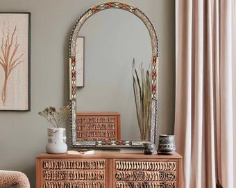 Handmade Arched Bone Inlay Mirror: Elegant Wall Decor Mirror