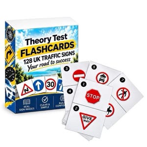 May include: A box of Theory Test Flashcards for 128 UK traffic signs with a blue sky and coastal background. The box features the text Theory Test FLASHCARDS 128 UK TRAFFIC SIGNS Your road to success. Several white flashcards with numbered traffic signs are fanned out in front of the box.