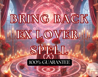 Könnte beinhalten: Eine magische Szene in Rot und Gold mit Kerzen und einem Kreis aus Herzen. Der Text lautet "Bring Back Ex Lover Spell 100% Guarantee".