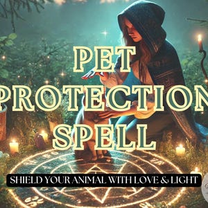 Può includere: Una donna con un mantello con cappuccio esegue un incantesimo di protezione per animali domestici in un ambiente boschivo. È circondata da candele e un cerchio luminoso con le parole "Pet Protection Spell" e "Shield Your Animal With Love & Light".