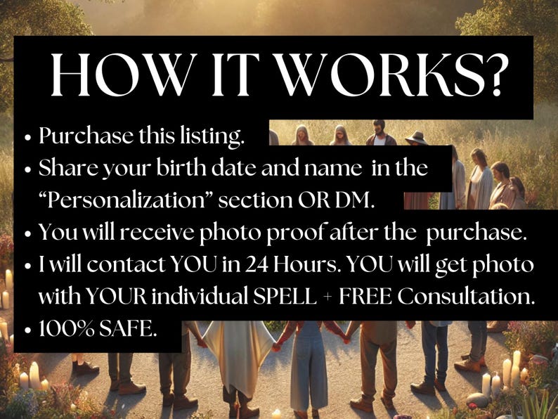 May include: Black rectangular graphic with white text that reads "HOW IT WORKS?" followed by bullet points explaining the process. The image includes a group of people holding hands.